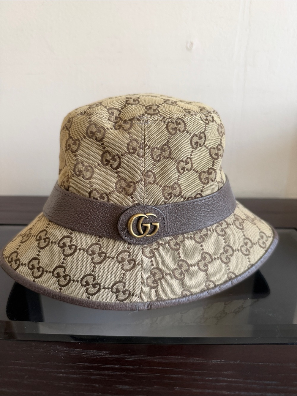 Gucci Beige & Brown GG Canvas Bucket Hat with Double G Accent